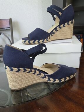 Life Stride Navy Canvas Espadrille Wedge Sandals